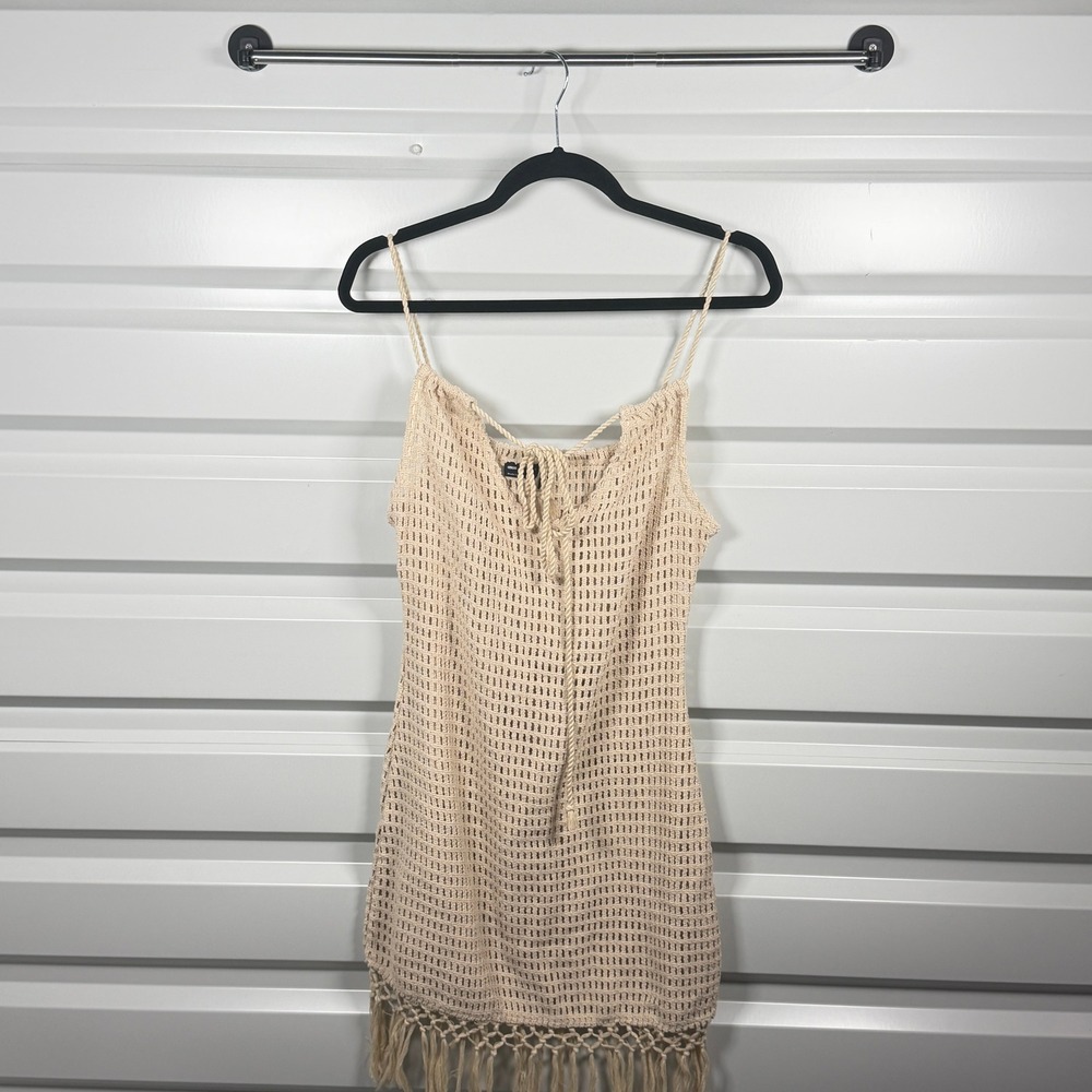 ASOS‎ DESIGN Crochet Mini Dress Women 4 Beige Fringe Hem Tie Back Cotton
